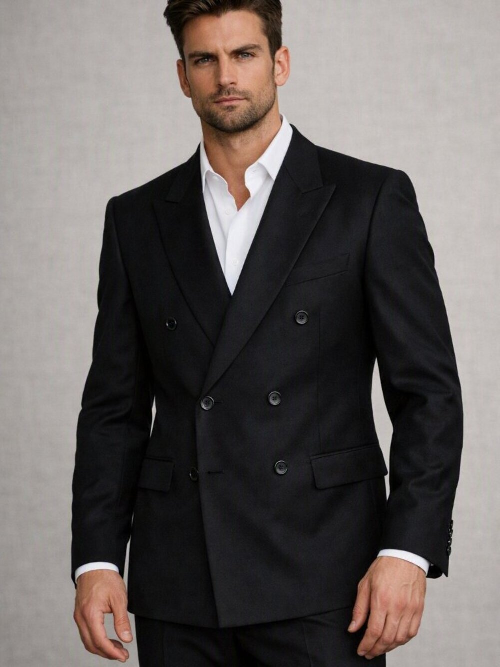 Black 100% Wool Double‑Breasted Suit — Made in Poland